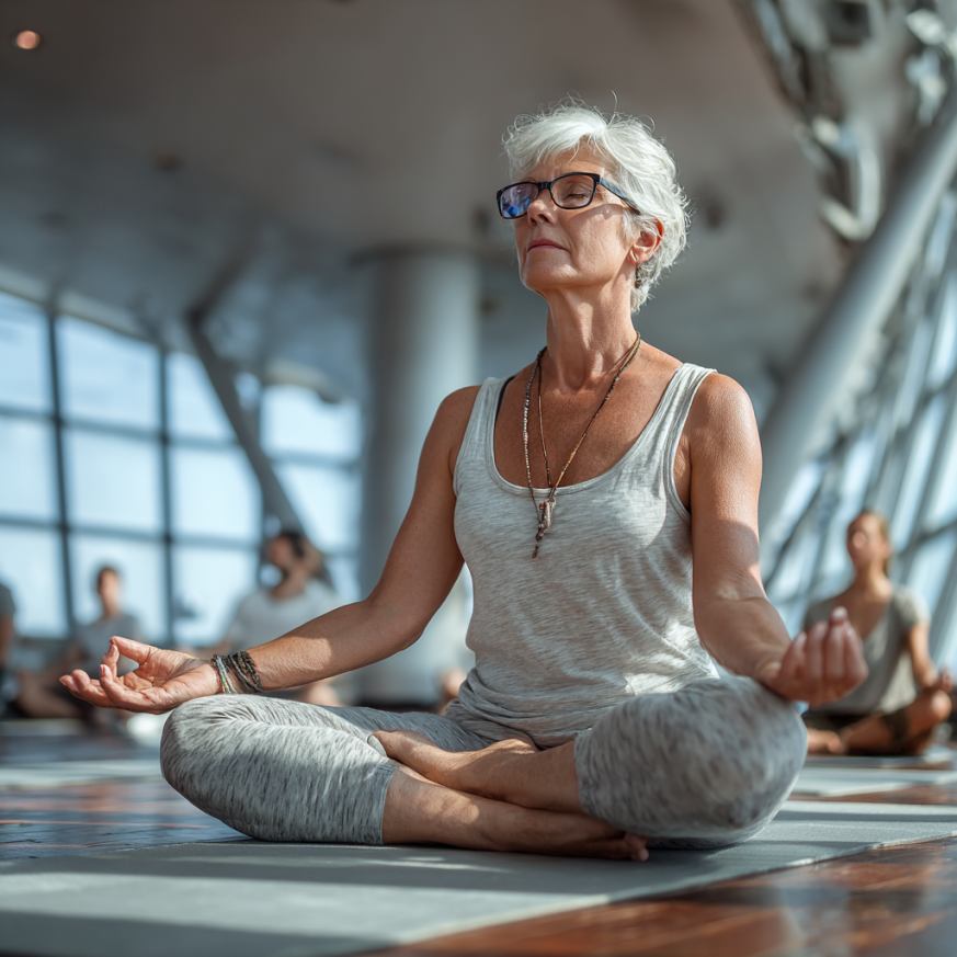 Літня пара займається йогою разом